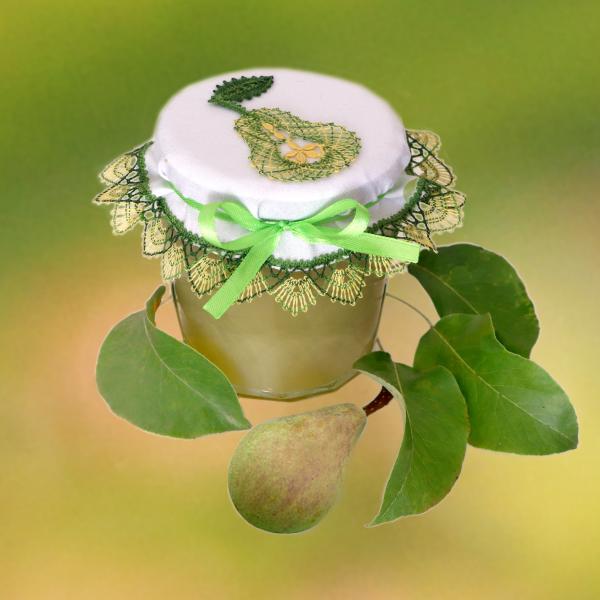 547 Klöppelbrief Deko für Marmelade-Gläser "Birne"